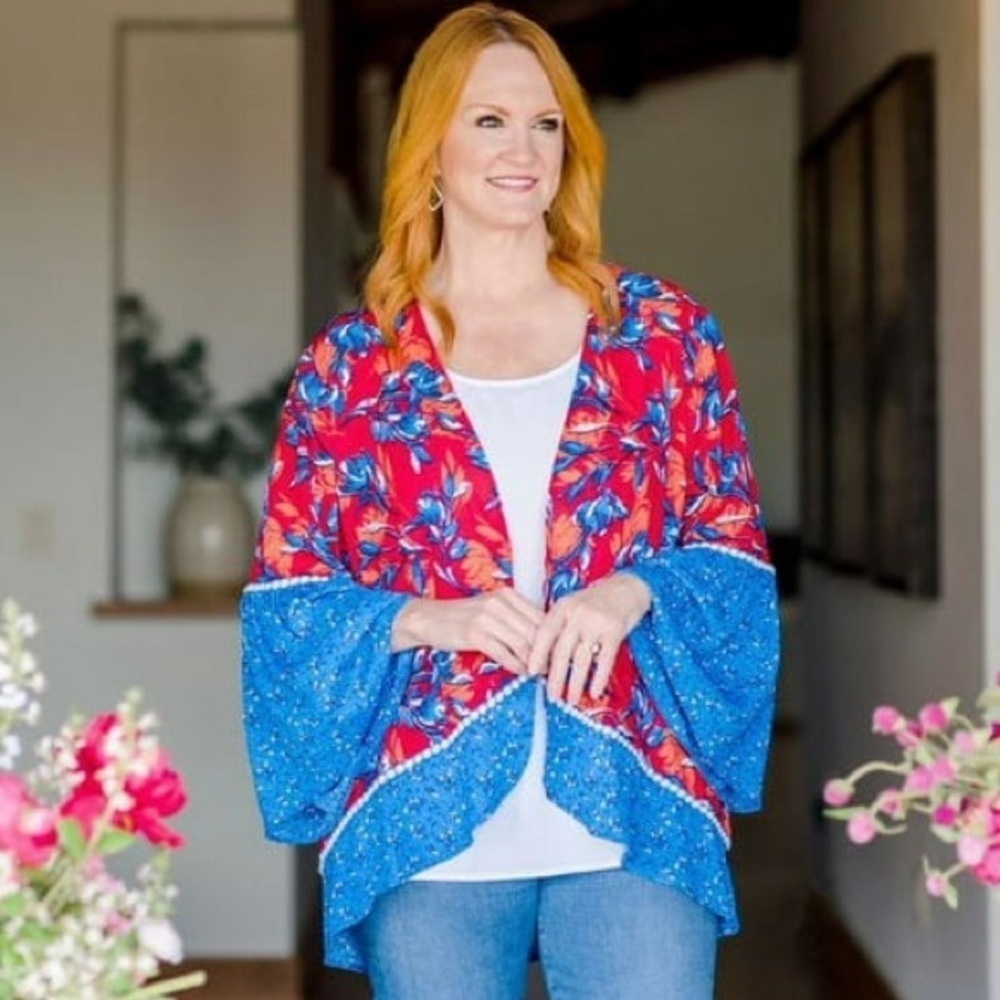 The Pioneer Woman Red Blue Floral Boho Flounce Sleeve Open Front Kimono Size S/M